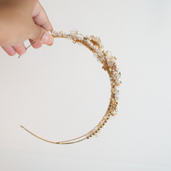 Wedding Headband Crystal Pearl Antique Gold Bride - Picture 7 of 11